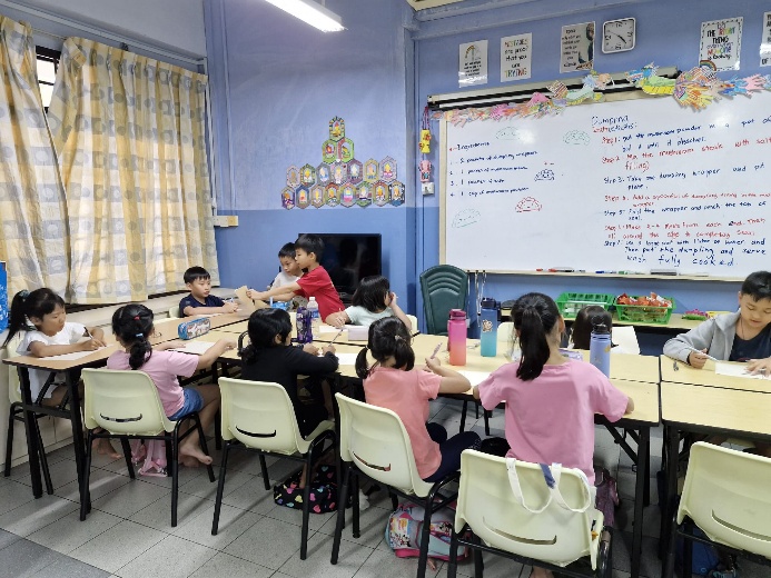 A group of children sitting at a table in a classroom

Description automatically generated